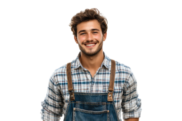 Young male farmer in plaid shirt and denim overalls smiling with pride isolated on white or transparent, PNG