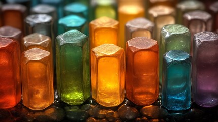 Colorful hexagonal glass columns arranged in rows