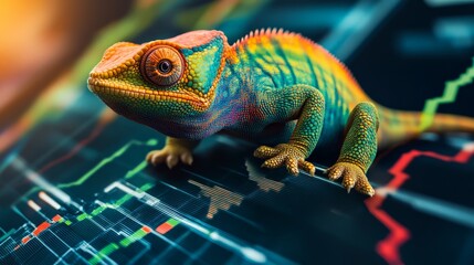 Chameleon blending into different financial environments, adaptability and market flexibility concept.