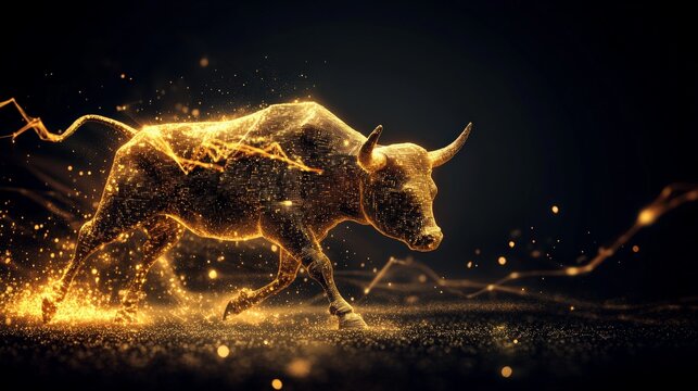 Charging bull made of golden stock market graphs, aggressive investment growth and bullish market energy.