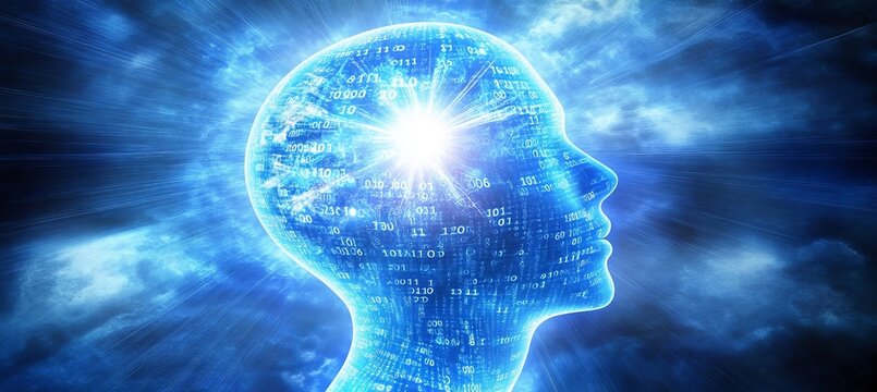Human Head Composed of Binary Code and Light Rays A Representation of Digital Consciousness - Powered by Adobe