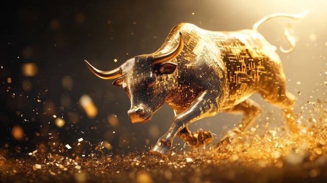 Charging bull made of golden stock market graphs, aggressive investment growth and bullish market energy.