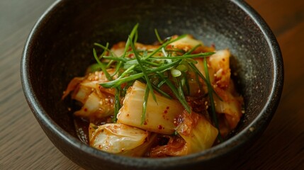 Fototapeta premium A fresh bowl of Korean kimchi with napa cabbage, garlic, and chili paste, garnished with green onions, served in a traditional clay dish