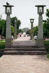 Passage with lanterns in Ernesto Tornquist park. Tornquist, Buenos Aires province, Argentina