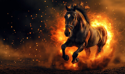 Majestic black horse galloping through a fiery background surrounded by flames