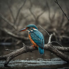 A kingfisher resting on a bare tree branch over a river.