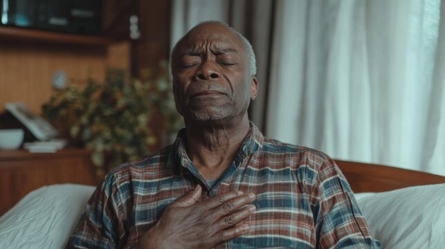 elderly black man holding chest in pain
