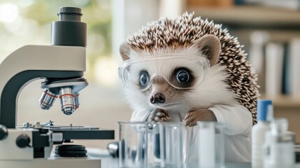 Close-up of a friendly anthropomorphic hedgehog in a science lab. Wearing a lab coat and safety goggles. Highlighting scientific exploration and curiosity. Ideal for science and educational content.