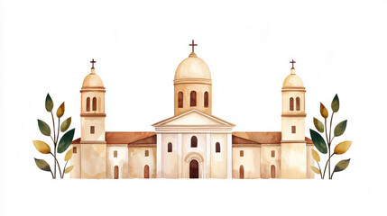 Obraz premium A beautifully illustrated church with domes, flanked by leafy greenery, showcasing a harmonious blend of architecture and nature.