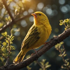 A canary singing melodiously on a sunlit tree.