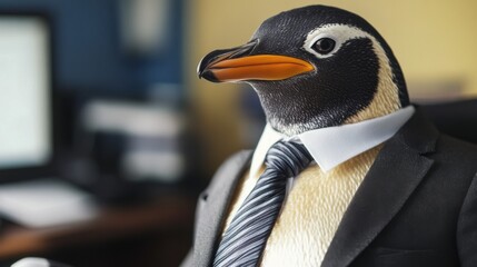 Close-up of a human-like penguin in a business suit in a corporate office. Emphasizing professionalism and diligence. Ideal for business-related themes.