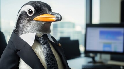 Close-up of a human-like penguin in a business suit in a corporate office. Emphasizing professionalism and diligence. Ideal for business-related themes.