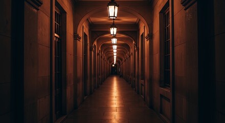Illuminated Arched Corridor with Lanterns Creates Atmospheric Architectural Perspective