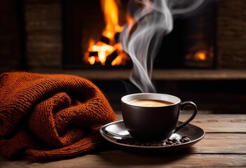 Fototapeta premium contemporary coffee cup steam rising warm inviting cozy setting circled soft textures earthy tones, beverage, aroma, drink, sunlight, blanket, wood, table