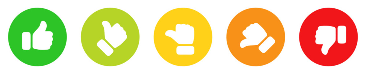 Set of hand gesture icons including thumbs up, thumbs down, and neutral signs in circles. Perfect for feedback, ratings, approvals and user review. Rating, thumbs up, like, dislike, icon.