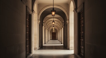 Fototapeta premium Arched Stone Hallway with Hanging Lamps and Wood Doors