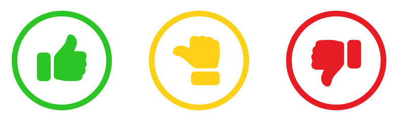 Set of feedback icons green thumbs up for approval, yellow sideways hand for neutral, and red thumbs down for disapproval. Ideal for ratings, surveys, reviews, or UI/UX design.