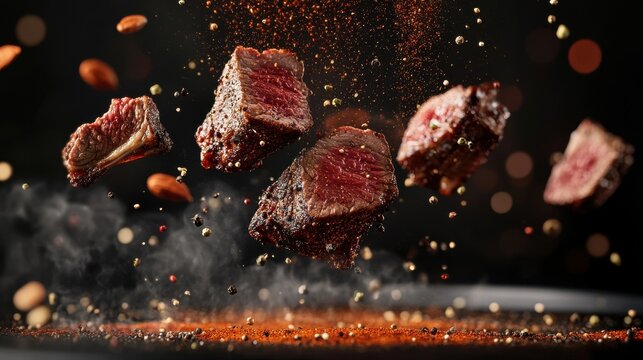 Tender steak bites in mid-flight, falling with a scattering of spices, dramatic and appetizing meat-focused culinary concept