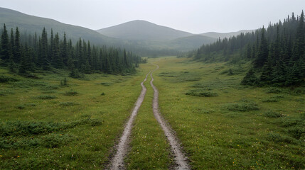 Fototapeta premium Mountain valley road, misty landscape, travel background