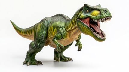 Obraz premium Full shot of a ferocious prehistoric reptile, rendered in vibrant green and yellowish hues against a stark white backdrop. The dinosaur is positioned