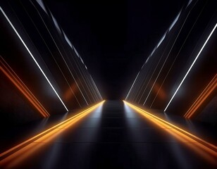3d rendering of spaceship corridor neon glowing orange background futuristic. Cyberpunk concept. Scene for advertising, showroom, technology, future, modern, sport, metaverse. Sci Fi Illustration