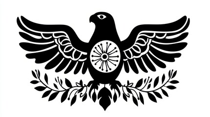 Obraz premium Monochromatic silhouette of a stylized bird with outstretched wings, encircled by a wheel like motif and laurel wreath. Simple, bold lines define the