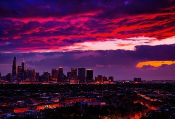 Obraz premium stunning urban skyline silhouettes dramatic twilight sky moody clouds vibrant colors, architecture, buildings, city, cityscape, metropolitan, landscape