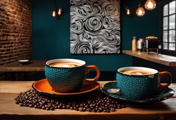 Obraz premium two unique coffee cups texture design intriguing background creating vibrant visual composition, ceramic, porcelain, modern, stylish, kitchen, drinkware