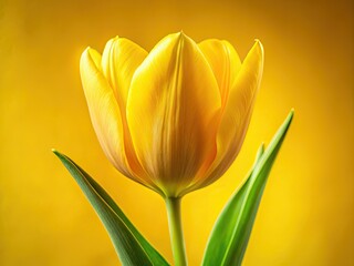 Fototapeta premium Macro close-up of a single yellow tulip, vibrant bloom against a matching yellow backdrop.