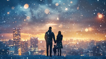 family, christmas, holidays, season and people concept - happy family over city background and snow