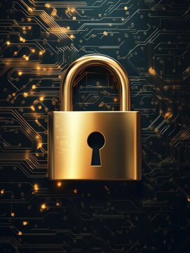 Golden padlock on a digital background, symbolizing security and data protection.