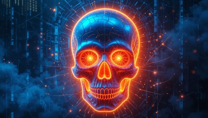 Futuristic neon skull with glowing cyber elements
