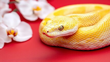 Fototapeta premium Closeup of a yellow snake coiled on a red surface, with white flowers in the background. The snake's scales are a bright, creamy yellow with small