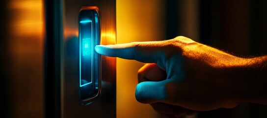 A businessman enters a password code to unlock a digital door as part of a cyber security system. Stock technology is integrated into the process