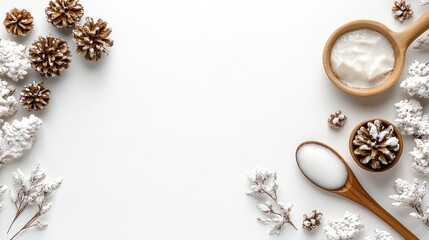 Winter skincare cream, wooden bowls, pine cones.  Background white. Use cosmetic ad