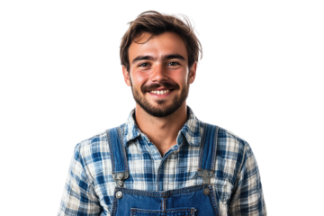 Young male farmer in plaid shirt and denim overalls smiling with pride isolated on white or transparent, PNG