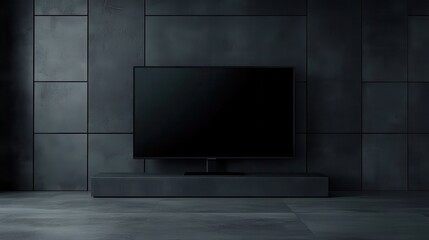 Fototapeta premium Meeting conference room with blank empty mockup tv screen monitor for advertising standing in modern contemporary office on black wall background. No people. Business technologies concept.