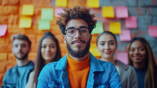 Confident young manager leading diverse team of creative professionals