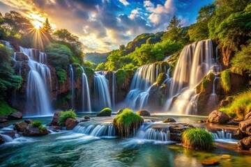 Fototapeta premium Majestic waterfalls cascade, a breathtaking panorama of rugged, wild beauty.