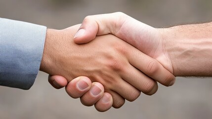 Close up view of two hands shaking, light gray background, neutral tone, light outdoor lighting, natural light, professional business meeting