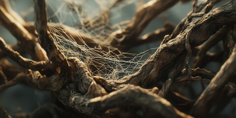 dry branches intertwined with delicate spider webs, set in a natural environment, highlighting the contrast between the rough wood