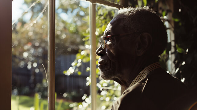 Elderly black man looking out of a window onto a garden at home. Senior african american pensioner thinking and reflecting. Loneliness in old people - Powered by Adobe