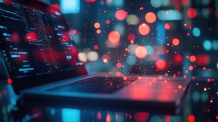 Obraz premium Close up of notebook on desktop with creative glowing connected people icons on blurry background. Population count and digital transformation concept. Double exposure