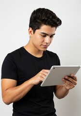 Happy young man using digital tablet wearing plain t-shirt isolated on white background . Ai generative 