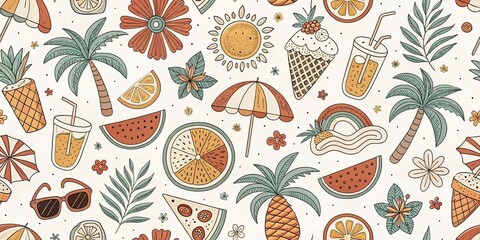 Minimalist Summer Landscape Pattern Background: Warm Colors, Sun, Beach, Summer Vibes Illustration