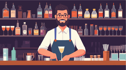 Illustration of a bartender at the bar counter. Male bartender.