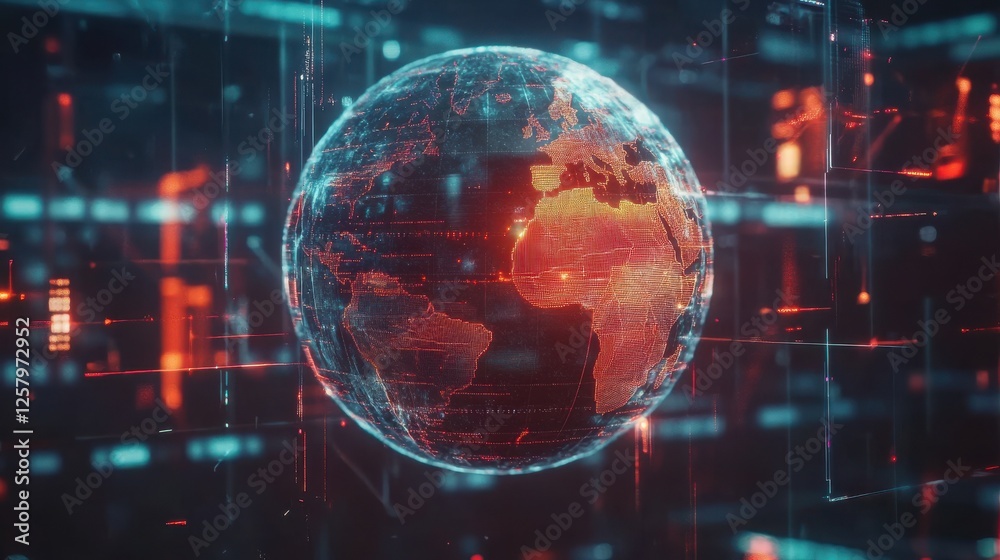 Poster blockchain technology futuristic hud background with world globe and blockchain polygon peer to peer