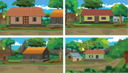 Gordijnen Set of rural village background vector illustration.Countryside house background collection © Sumit Sarkar