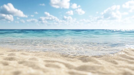 Obraz premium A stunning bokeh background of crystal-clear sea water under the bright summer sun, delicate light circles forming on the surface, blurred sandy shore in the distance, 