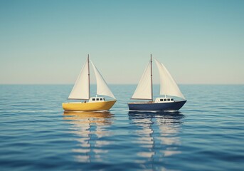 Fototapeta premium Twin Sailboats Serenity: Two Yachts with White Sails on Calm Blue Ocean, Reflective Water, Peaceful Scene (Nautical, Sailing, Sea, Travel, Relaxation)